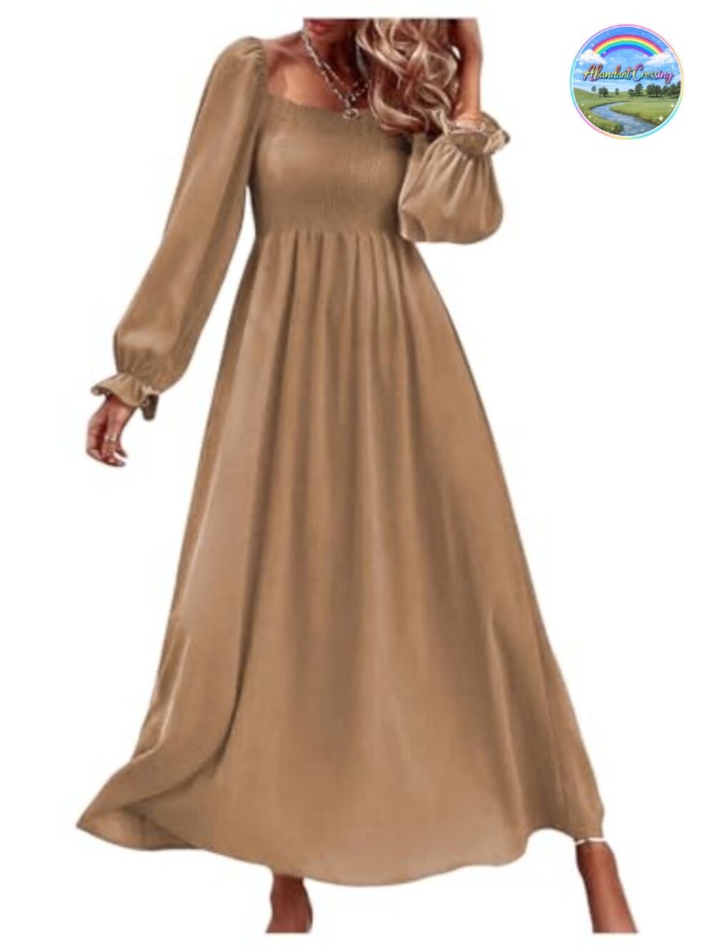 Floerns Womens Boho Square Neck Smocked Long Puff Sleeve A-Line Maxi Dress